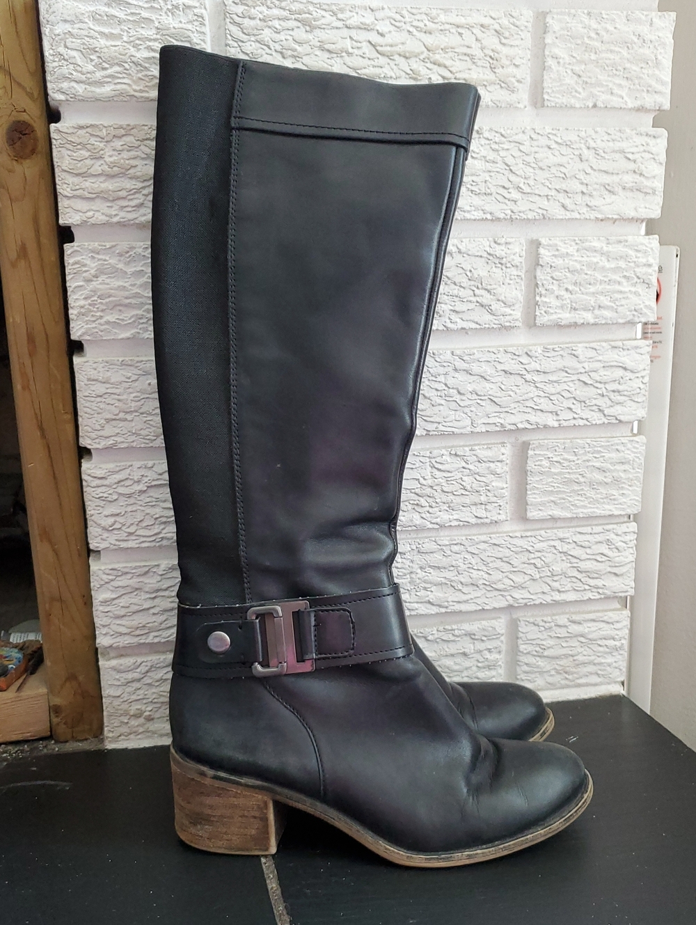 Franco Sarto Black Mid-Calf Tall Leather Heels Boots with Buckle Sz 7.5 M Sleek